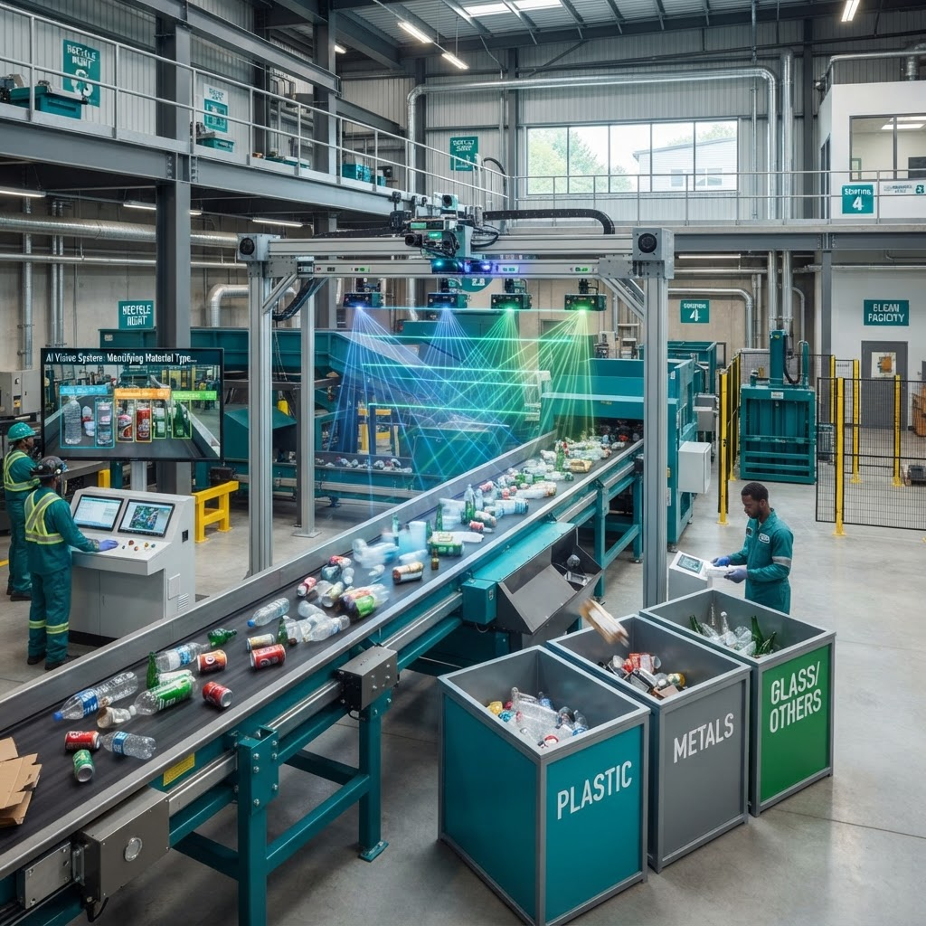 Recycling facility conveyor belt with an AI vision system scanning bottles and cans before three sorting bins