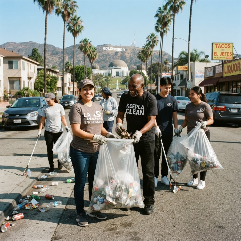 Los Angeles residents in work gloves cleaning up a sunny city street with garbage bags